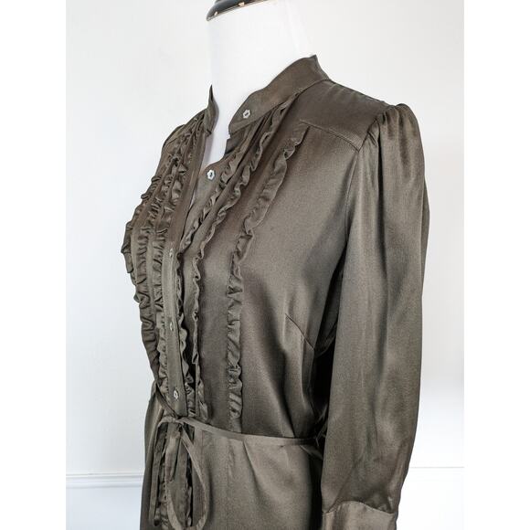 French Connection Shirt Dress Silk Ruffle Floral Button Victorian Brown Size 2 - Picture 4 of 11